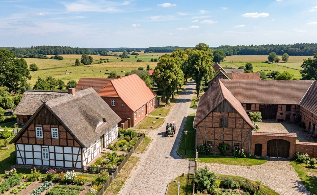Dorfidylle in Brandenburg mit alten Höfen und romantischen Alleen.