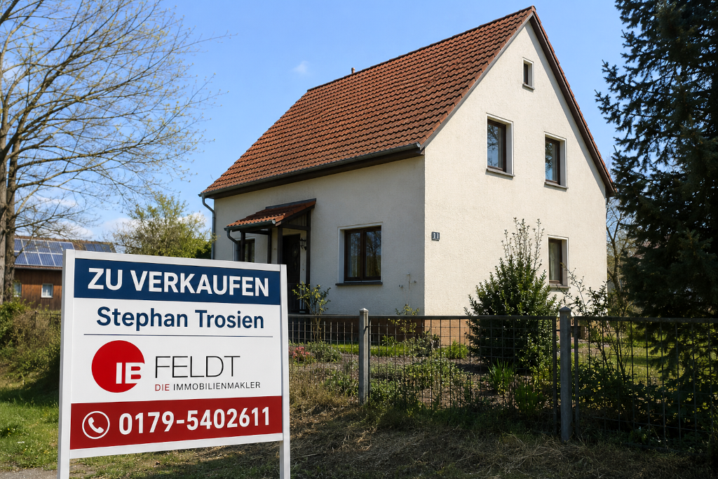 Ein Haus im südlichen Brandenburg (Teltow-Fläming) mit einem Verkaufsschild davor.