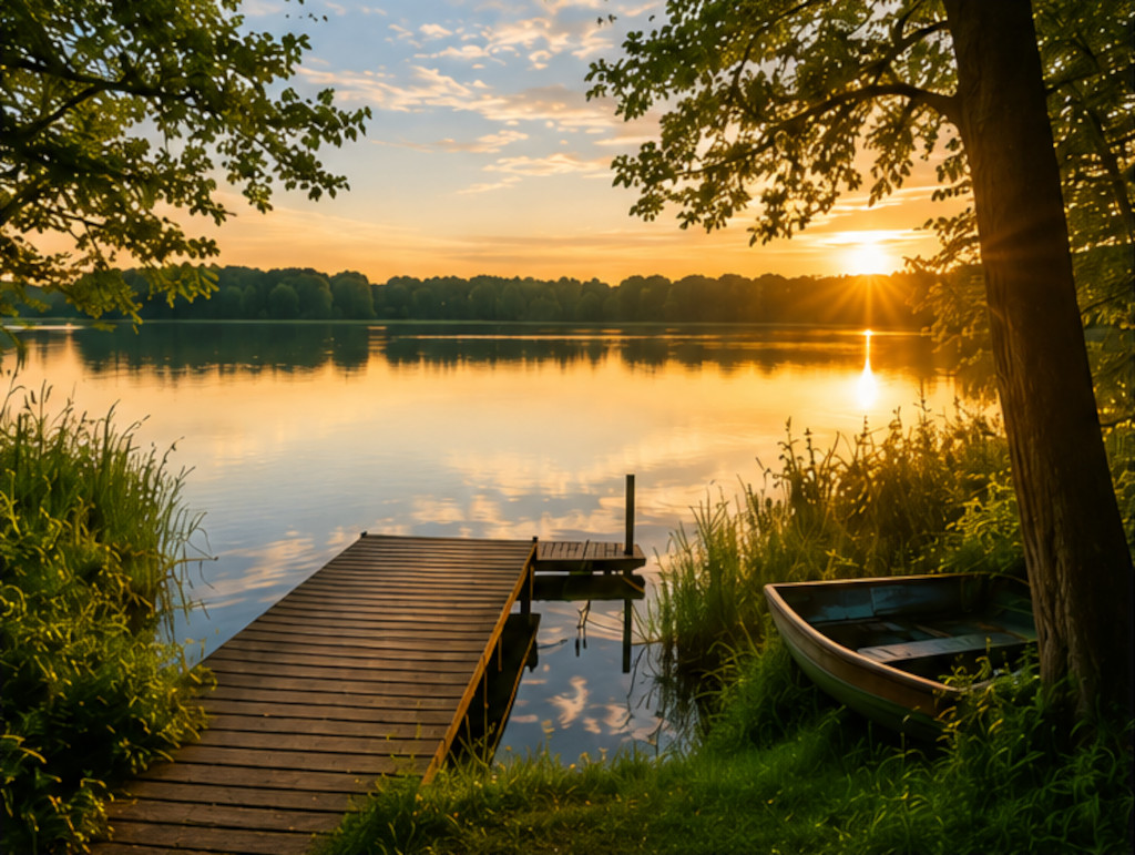 An einem Steg mit Boot in Brandenburg geht langsam die Sonne unter.