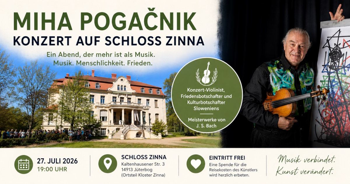 Flyer zum Konzert von Miha Pogačnik auf Schloss Zinna 2026